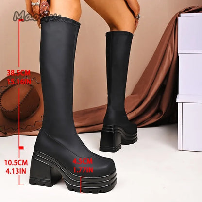 Short/Long Suede Leather Black Boots for Women Chunky High Heel Knee-High Boots Wedges Women's Fashion Shoes Size 35 Botas Mujer
