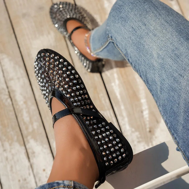 Women's Mary Jane Shoes Luxury Brand Casual Single Shoes Women's Rhinestone Plus Size Womens Round Head Buckle Beach Flat Shoes