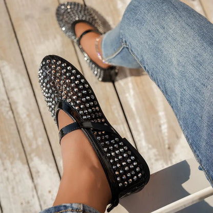 Women's Mary Jane Shoes Luxury Brand Casual Single Shoes Women's Rhinestone Plus Size Womens Round Head Buckle Beach Flat Shoes