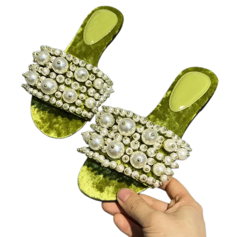 Outdoor Slippers Pearl Decor Flat Slippers Women Flannel Open Toe Slides Slip On Luxury Sandals Elegant Comfortable Summer Shoes