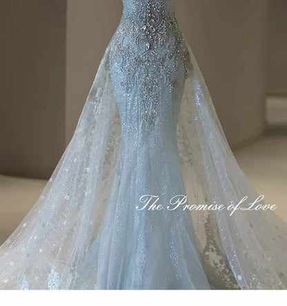 Elegant Fish Tail Wedding Dress Lightweight Tulle One Shoulder Bridal Gown for Small Stature Brides Heavy Embroidery Exit Veil