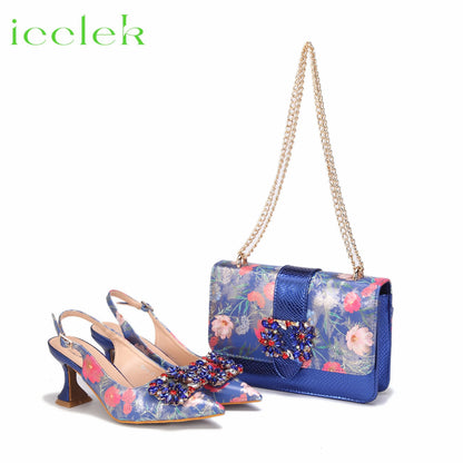 Newest Green Color Print Design High Heels Decorated with Water Rhinestone Party Women's Shoes and Bags Set