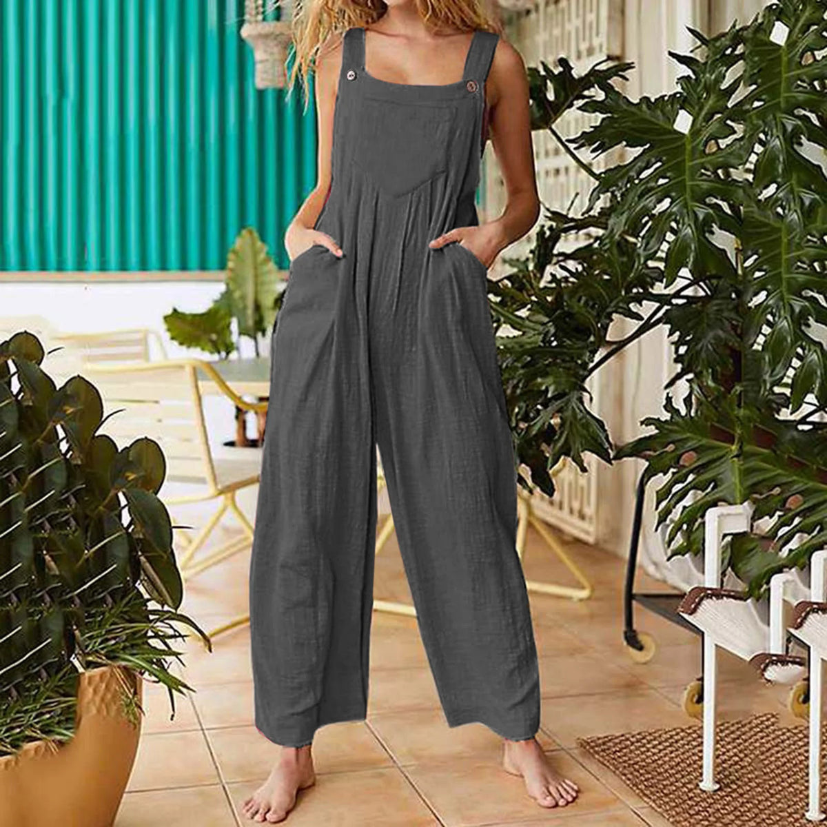 Women Summer Boho Jumpsuit Overalls Solid Ethnic Style Square Neck Sleeveless Casual Jumpsuit Pockets Loose Pants Jumpsuits 2024