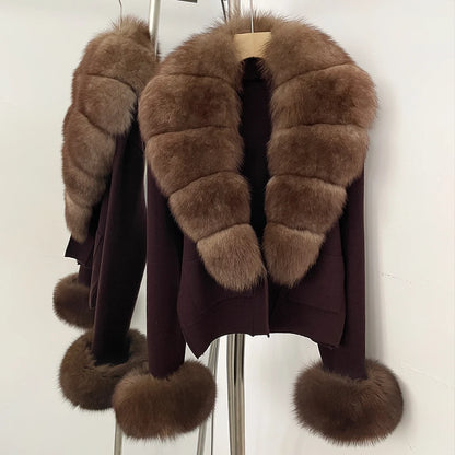OFTBUY Loose Fit Warm Winter Fashion Lady Outerwear Sweater Female 2025 New Women's Knit Cardigan with Large Real Fox Fur Collar