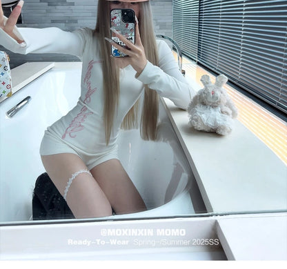 Pure Desire American Long Sleeved T-shirt Jumpsuit Slim Fit Letter Spicy Girl Sexy Sports Fitness Yoga Cycling Jumpsuit Shorts