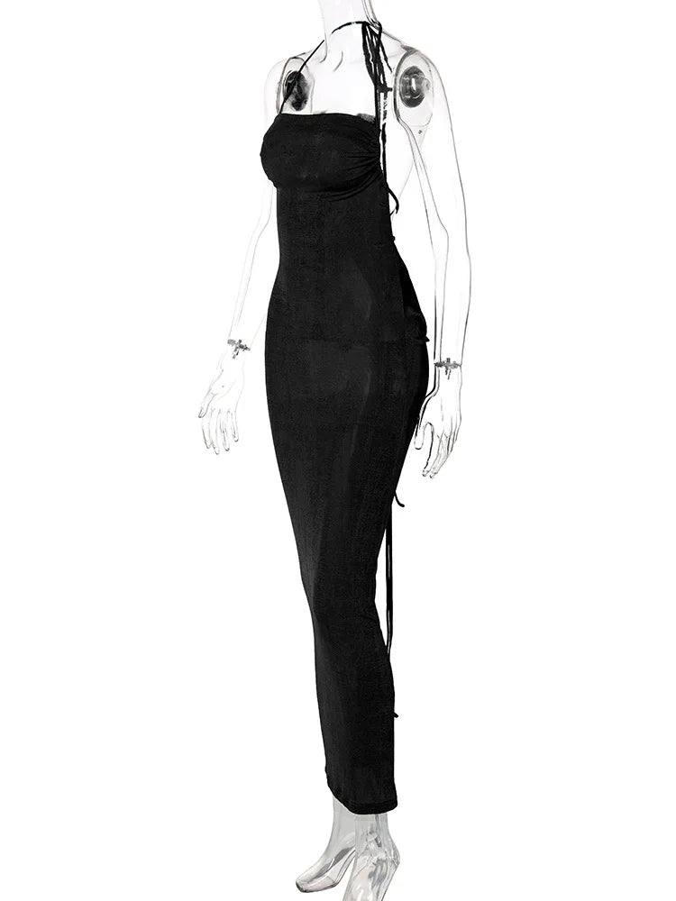 Sexy Long Shoulder Strap Open Back Backless Bodycon Maxi Dress Women Sleeveless Halter Skinny Long Dress Club Party Vestidos