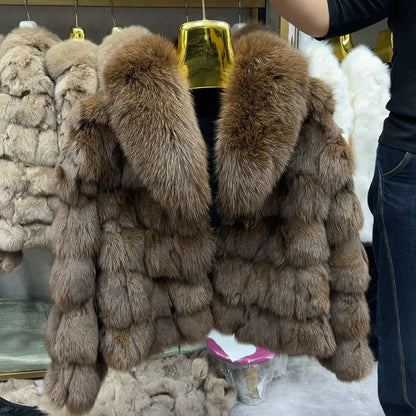 HUA QIU MEI SI Women's Natural Fox Fur Jacket with Fox Collar for Winter Warmth, Short Style Real Fox Fur Leather Jacket