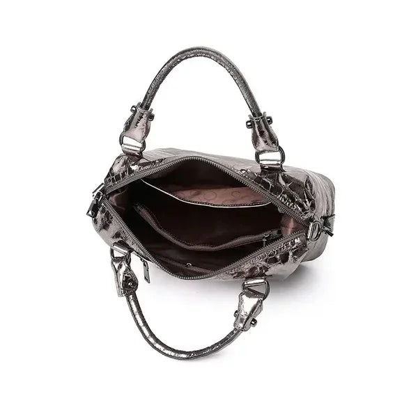 Real Leather Shiny Tote Handbags For Women Fashion Genuine Cowhide Leather Metallic Lady Bags With Shiny Embossed Coating