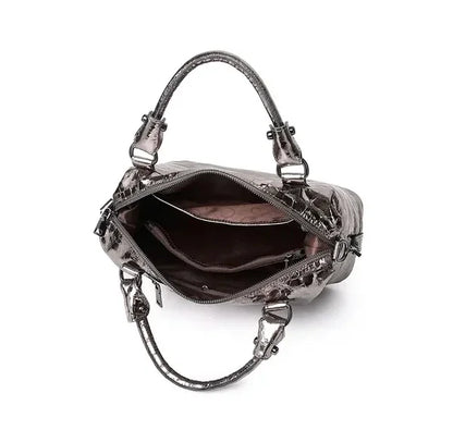 Real Leather Shiny Tote Handbags For Women Fashion Genuine Cowhide Leather Metallic Lady Bags With Shiny Embossed Coating