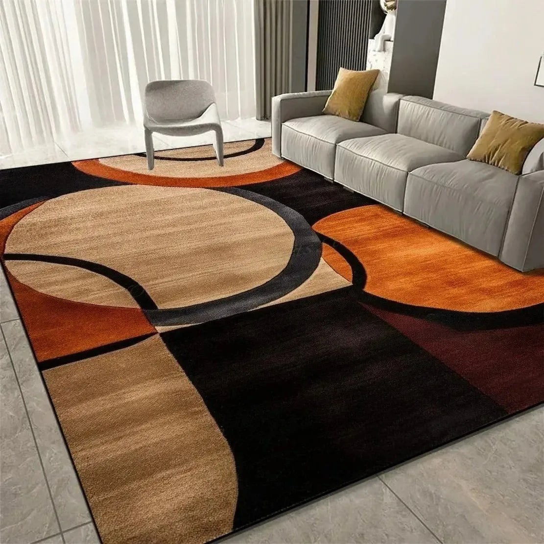 VIKAMA Modern Curve Rug Non Slip Orange Beige Black Abstract Geometric Area Carpet for Living Room Bedroom