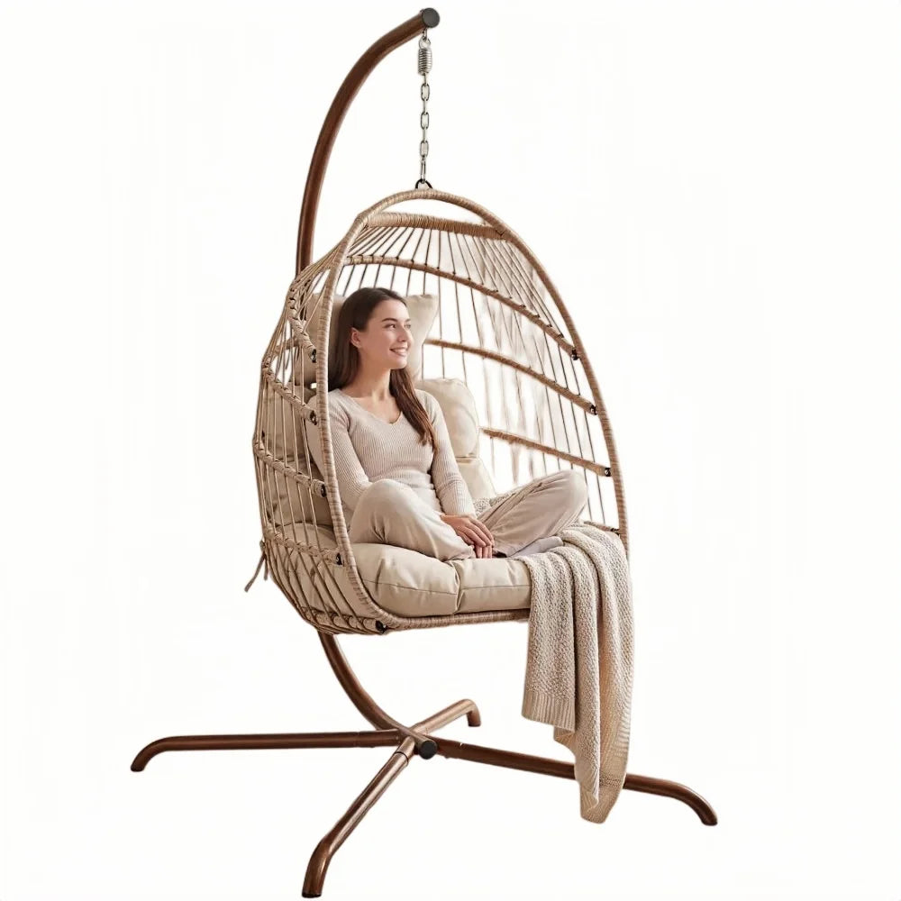 Hanging Egg Chair with Stand Indoor Outdoor, Wicker Patio Swing Seat Cushion, 350lbs Sturdy Hammock for Deck Balcony