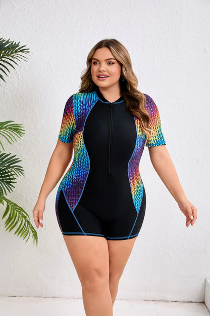 2026 Women Short Sleeve Plus Size Swimwear Print Patchwork Large One Piece Swimsuit Lady Zipper Chubby Beach Curvy Bathing Suit