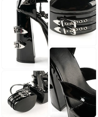 Punk Style Black Rivet Buckle High Heels Women's Trendy Gothic Sizes 36-47 Waterproof Platform Belt Buckle Thick Heel Nude Shoes