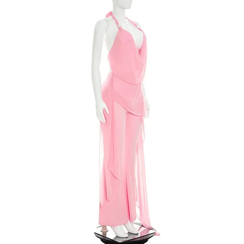 Summer Sexy Backless Halter Chiffon Jumpsuits Women Club Party Rompers Bodycon Fashion Sleeveless V Neck Overalls Beach Vacation