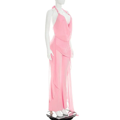 Summer Sexy Backless Halter Chiffon Jumpsuits Women Club Party Rompers Bodycon Fashion Sleeveless V Neck Overalls Beach Vacation