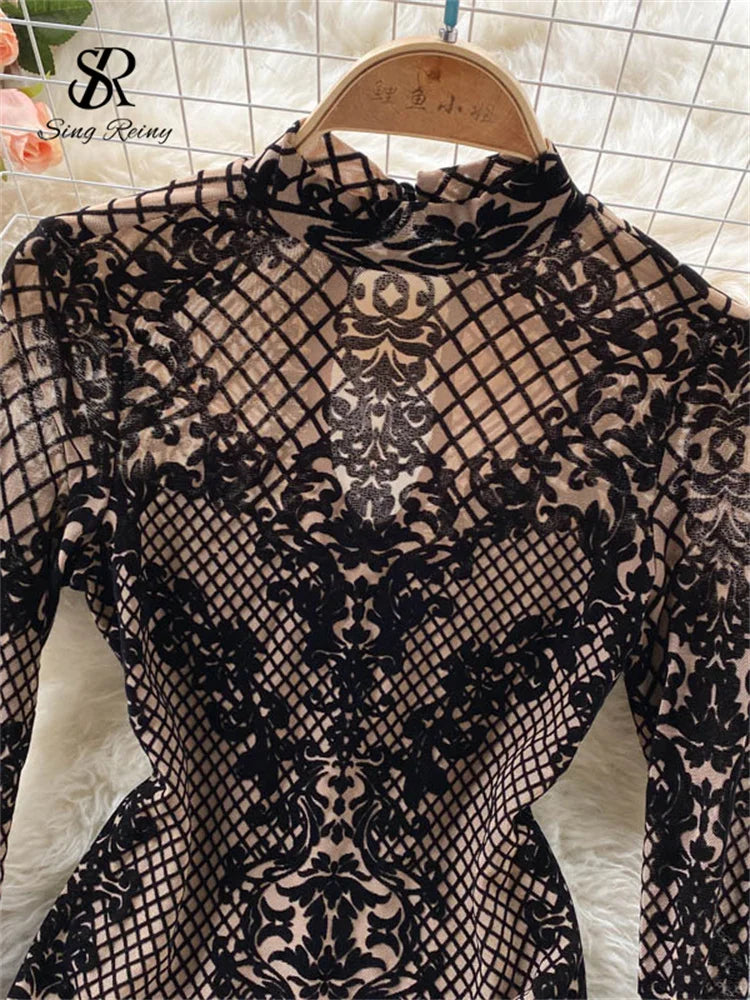 SINGREINY Fashion Women Velvet Slim Playsuits Long Sleeves Vintage Bodycon Rompers Streetwear Y2K Ins Chic Mesh Sexy Bodysuits
