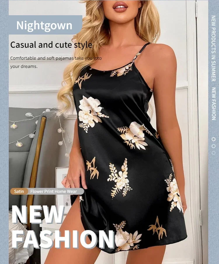 Ladies Sexy Sling Nightgown Nightdress Women's Sexy Lingerie Silk Satin Sleepwear Floral Pinting Nightwear Homewear Mini Dress