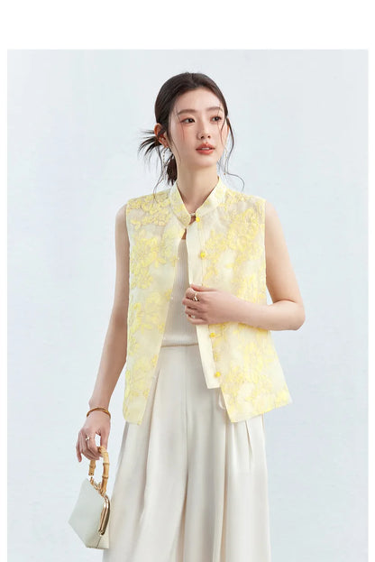VIMLY Women's Vest 2026 Summer Casual Yellow Floral Embroidery Stand Collar New Chinese Style Sleeveless Jacket Ladies A5251