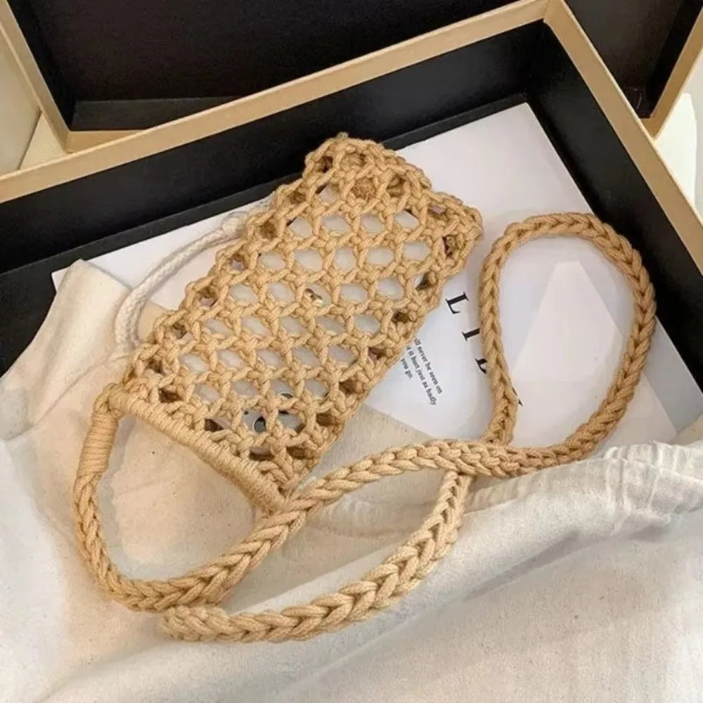 Hollow-out Woven Crochet Small Crossbody Phone Bag Women Fashion Solid Color Lightweight Braided Shoulder Handbag Crossbody Bags