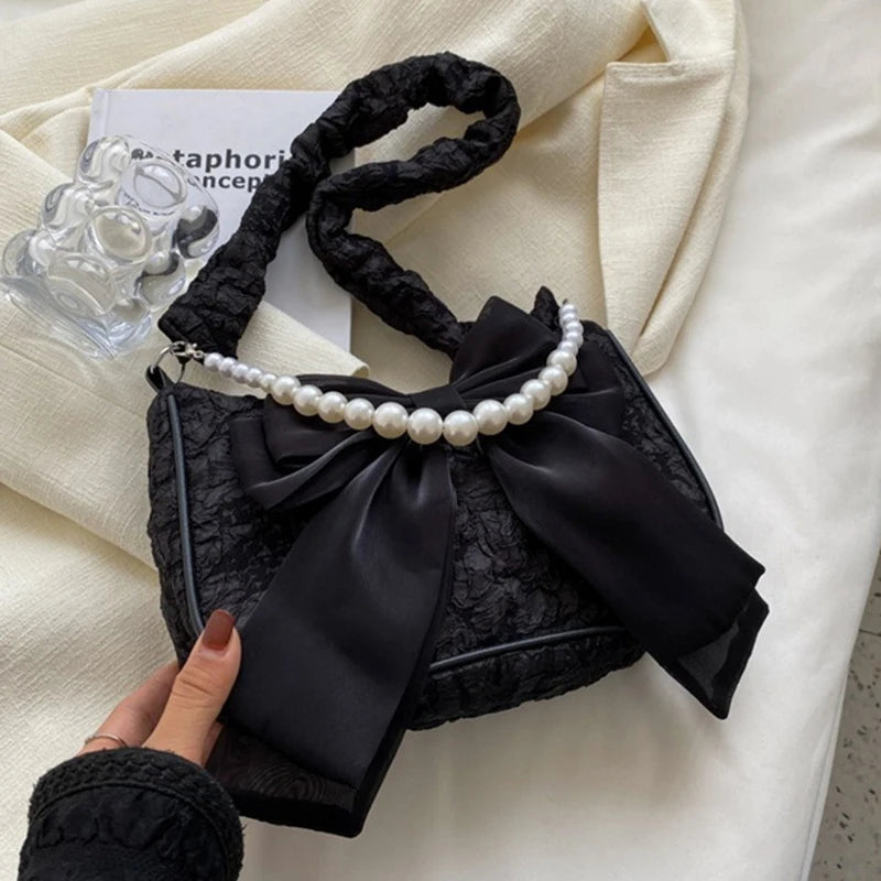 White Folds Pearl Female Bag Retro Luxury Designer Handbag Bow Crossbody Bags Fashion Y2K Vintage Women's Shoulder Bag Purses