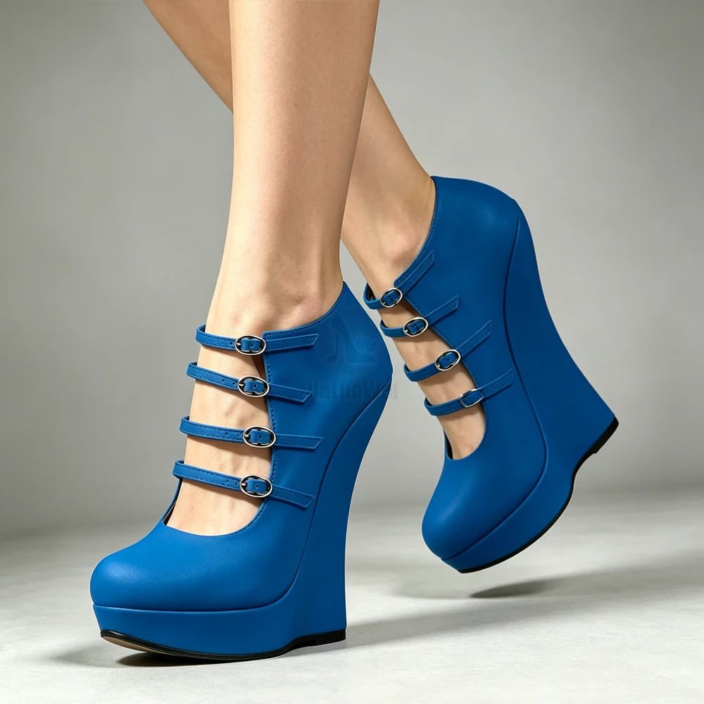 Blue PU Leather 6 Inch Wedge Sandals Women Sexy Multi Strap Buckle High Heel Platform Pumps Gothic Fetish Plus Size Shoe