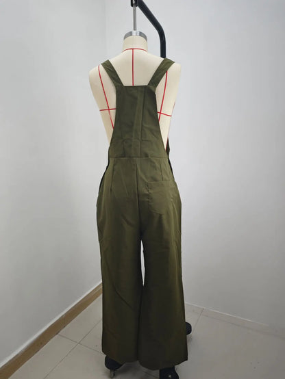 Early Autumn One-Piece Suit 2026 European And American Style Vacation Beach Retro Pocket Solid Color Workwear Strap Suit Thin Mo