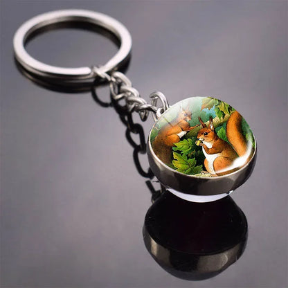 Animals Cute Keychain Cat Dog Bear Peacock Rabbit Squirrel Phoenix Double Side Glass Ball Pendant Keyring Jewelry Key Chain Gift