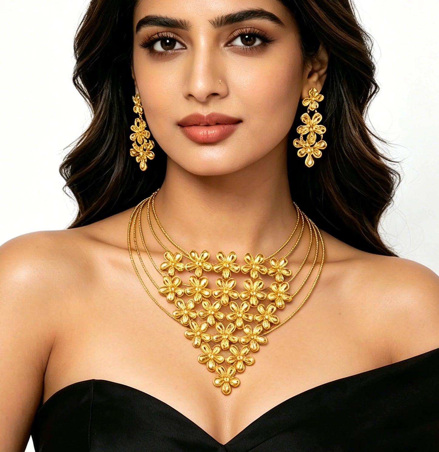 Fashion Silver Gold Color Hollow Shape Necklace Earrings Bracelet Ring Set for Women Exaggerated Design Jewelry Gift for Party