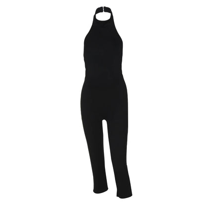 Hugcitar Ribbed Halter Backless Solid Button Sexy Bodycon Skinny Jumpsuit Summer Women Fashion Vacation Romper Streetwear Club