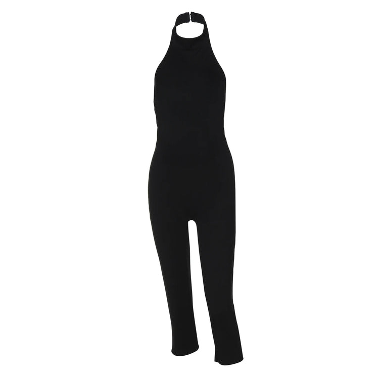 Hugcitar Ribbed Halter Backless Solid Button Sexy Bodycon Skinny Jumpsuit Summer Women Fashion Vacation Romper Streetwear Club