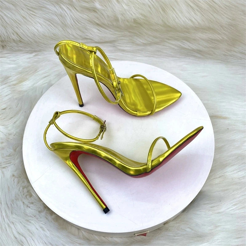 2025 Summer New Laser Purple Fashion Ultra fine One line Buckle with Thin Heels Sandals Sexy Fashion Large Size