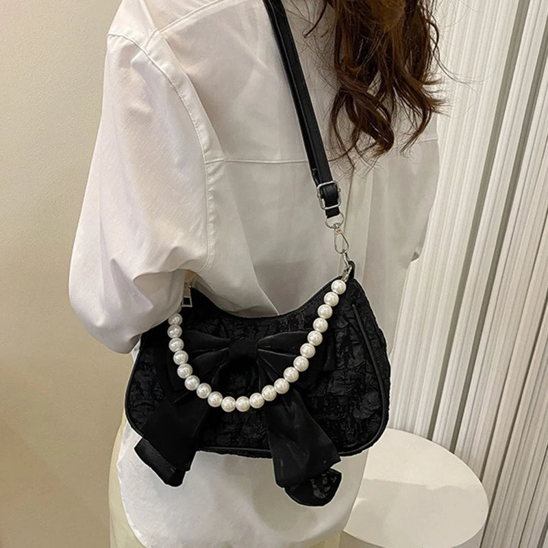 White Folds Pearl Female Bag Retro Luxury Designer Handbag Bow Crossbody Bags Fashion Y2K Vintage Women's Shoulder Bag Purses