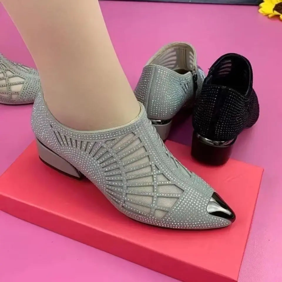 Women's Pointed Toe Sandals Luxury Breathable Mesh Bowknot Rhinestone Clear Elegant Mid-Heeled Simple Pump Shoes Mesh Sandals