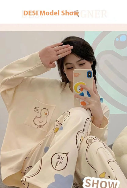 Spring and Autumn New Women's Pajamas Homewear Suit Girls Thin Section Long-Sleeved Students Big Yards Cartoon Loose Pajamas