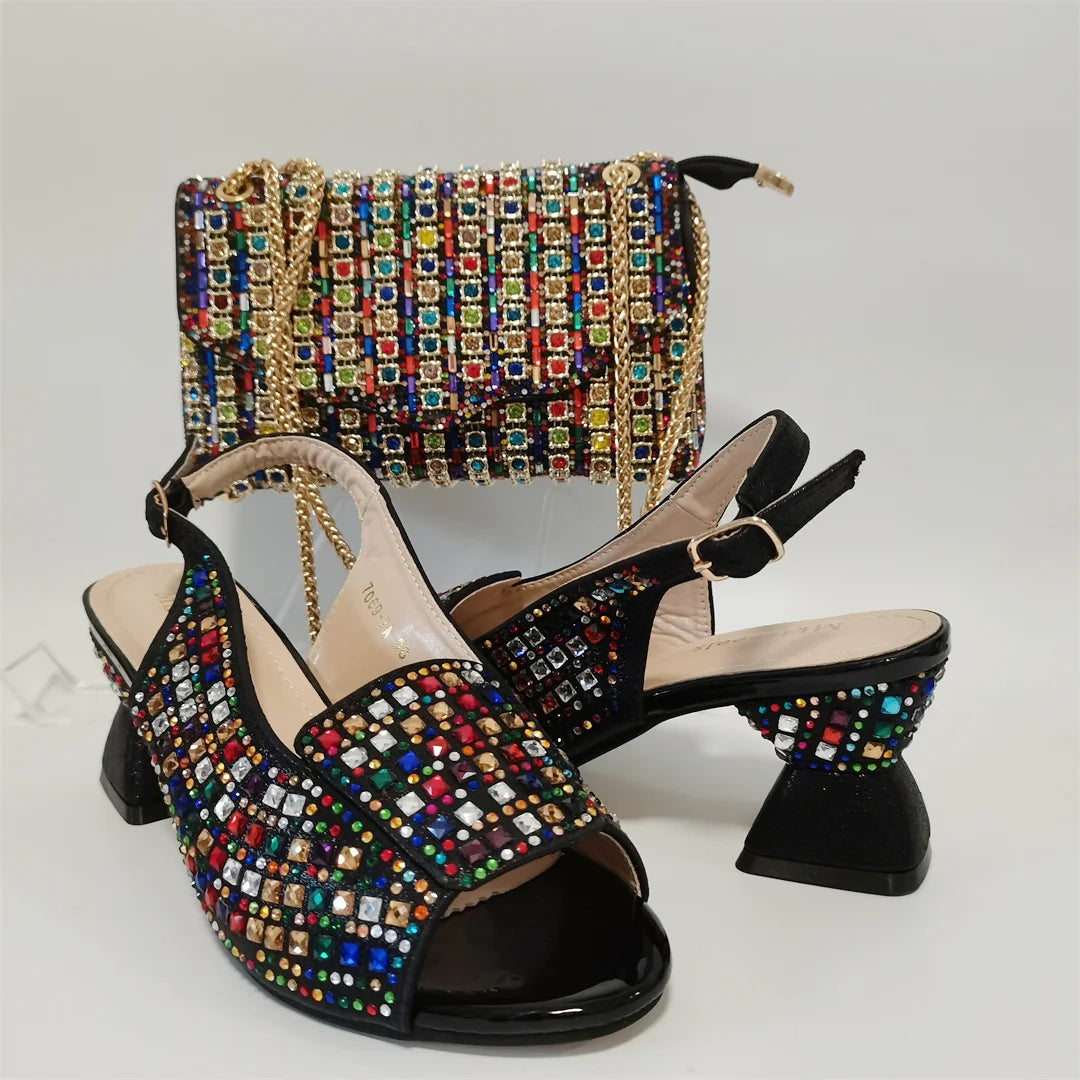Hot Selling Blue Mid Heel Women Crystal Design Sandal with Rhinestone Bag Set For Lady Party Rhinestone Sandal Shoes F1207-3