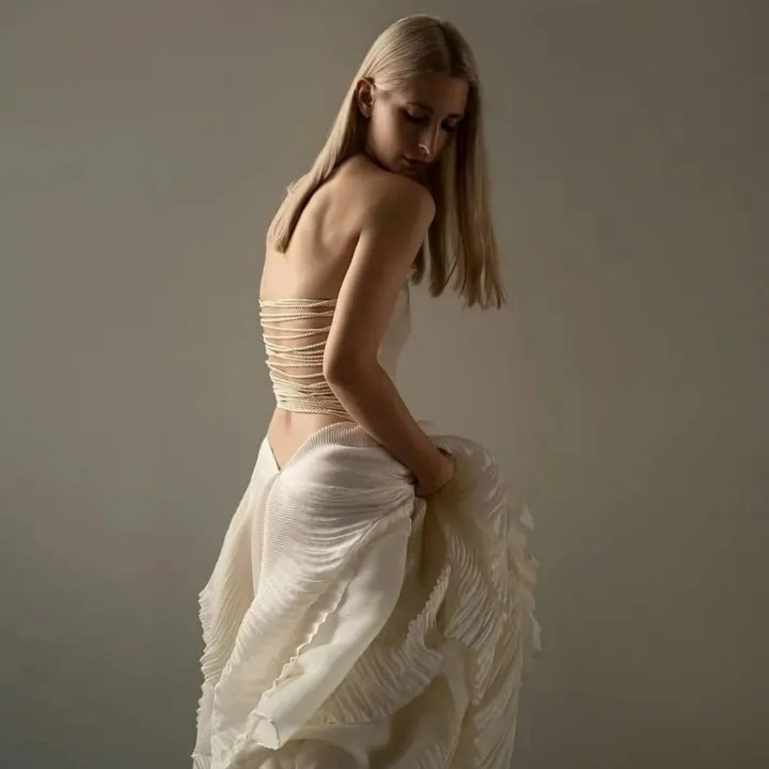 Bella Customized Ivory Strapless Prom Dress with Textured Corset Bodice and Pleated Asymmetrical Overlay Skirt robes de soirée