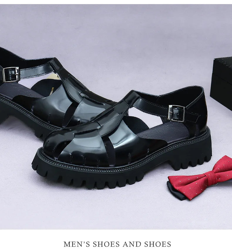 4.5Cm Thick Sole Heightening Sandals Men's Glossy Cowhide Buckle Business Casual British Genuine Leather Summer Sandals for Men