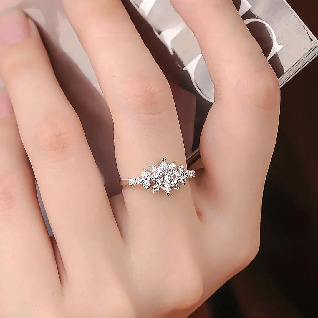 Princess-Cut 4-Prong Ring Women's PT950 Platinum 2Ct Moissanite - Square elegant, 4-prong holds stone, platinum shows graceful