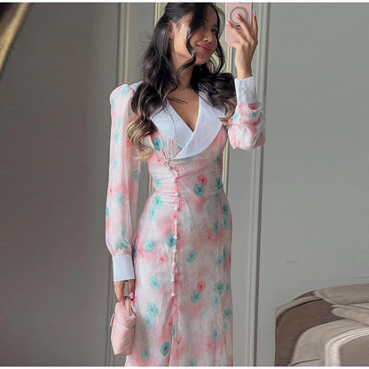 Women Printed V Neck Long Dress Flared Sleeve Lotus Leaf Edge High Waist Slim Fit Maxi Dresses Lady Elegant Evening Party Dress