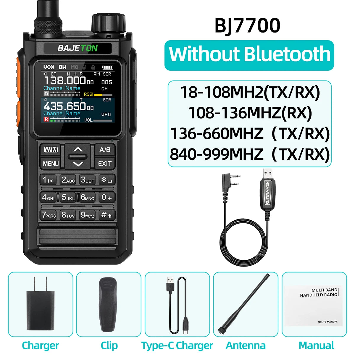 BAJETON BJ-7700 Walkie Talkie Multi Band Wireless Bluetooth Phone Programming Noise Reduction AM FM Ham Radio For Camping BT8200