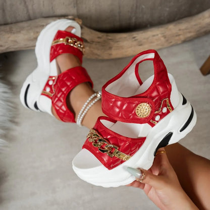 Summer New Women Wedge Sandals 2026 Fashion Metal Decor Solid Thick Bottom Female Shoes Trendy Casual Comfort High Heel Sandals