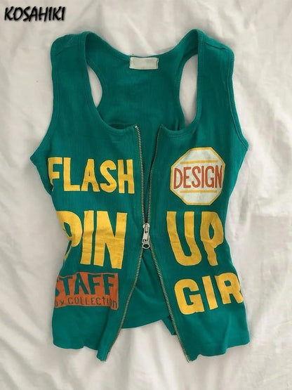 Y2k Aesthetic Letter Print Casual Tank Top Summer Women Streetwear Slim Fit Vest Harajuku Grunge Vintage Dual Zippers Camisole