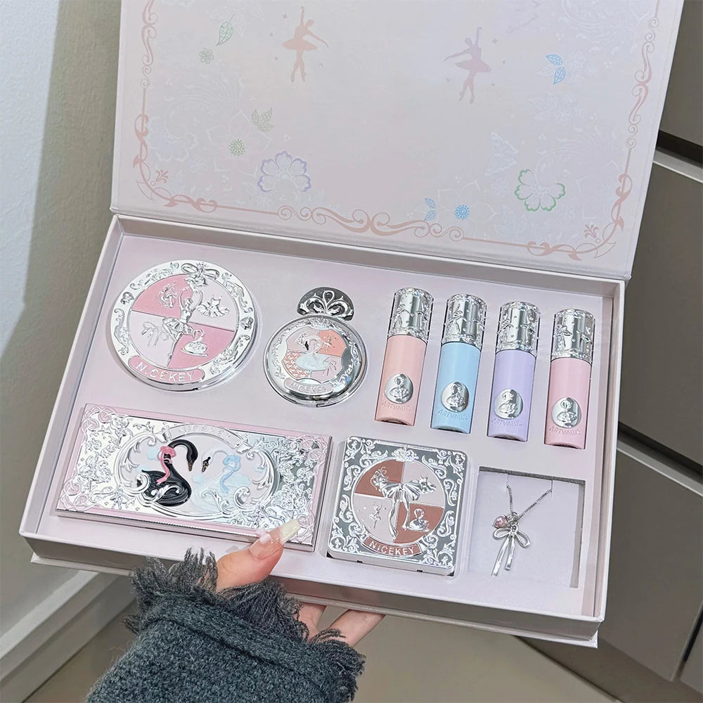 NICEKEY Makeup Kit Include 4 Matte Lipgloss,1 Face Blusher,1 Pressed Powder,1 Eyesshadow Palette,1 Contour Palette With Necklace