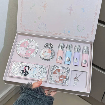 NICEKEY Makeup Kit Include 4 Matte Lipgloss,1 Face Blusher,1 Pressed Powder,1 Eyesshadow Palette,1 Contour Palette With Necklace