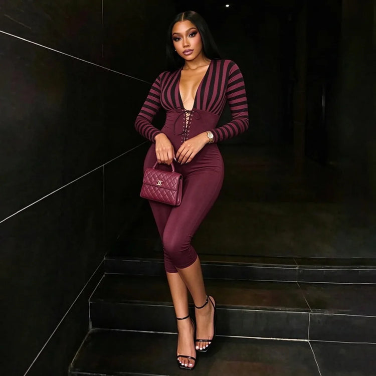FLARORA Trend Stripe Color Blocking Jumpsuits Woman Deep V Neck Full Sleeve Bandage Skinny Peach Hip Sexy Party Club Overalls