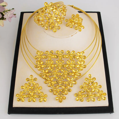 Fashion Silver Gold Color Hollow Shape Necklace Earrings Bracelet Ring Set for Women Exaggerated Design Jewelry Gift for Party