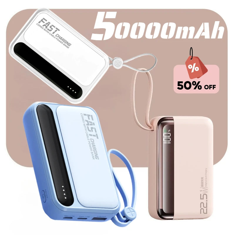 50000mAh Large Capacity Solar Power Bank 4 In1 Built in Cables Intelligent Digital Display Laser Light For Samsung Apple