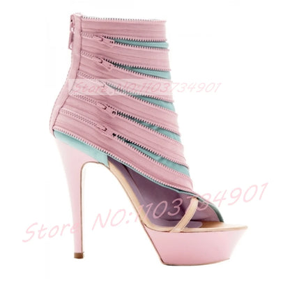 Multi Zipper Platform Hollow Ankle Boots Women Pink Splicing Open Toe High Heels Booties Ladies Party Fashion Boots