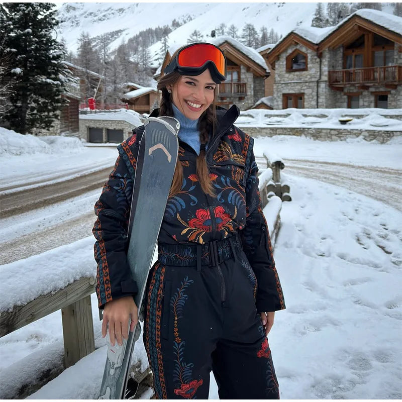 Floral Print One Piece Ski Suit Fashion Hooded Waterproof Thermal Snowboard Jumpsuit 2026 Winter Outdoor Windproof Snow Outfit