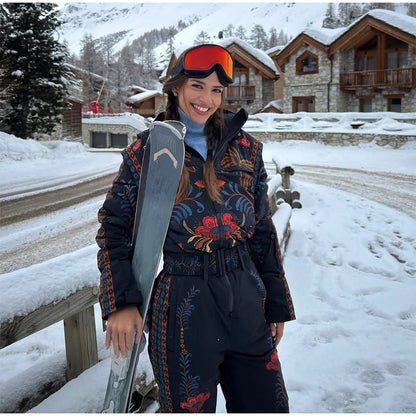 Floral Print One Piece Ski Suit Fashion Hooded Waterproof Thermal Snowboard Jumpsuit 2026 Winter Outdoor Windproof Snow Outfit